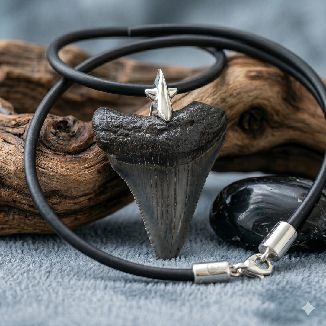 Fossiler Megalodon Haizahnanhänger mit einer stilisierten Silberöse in Form eines Hais.